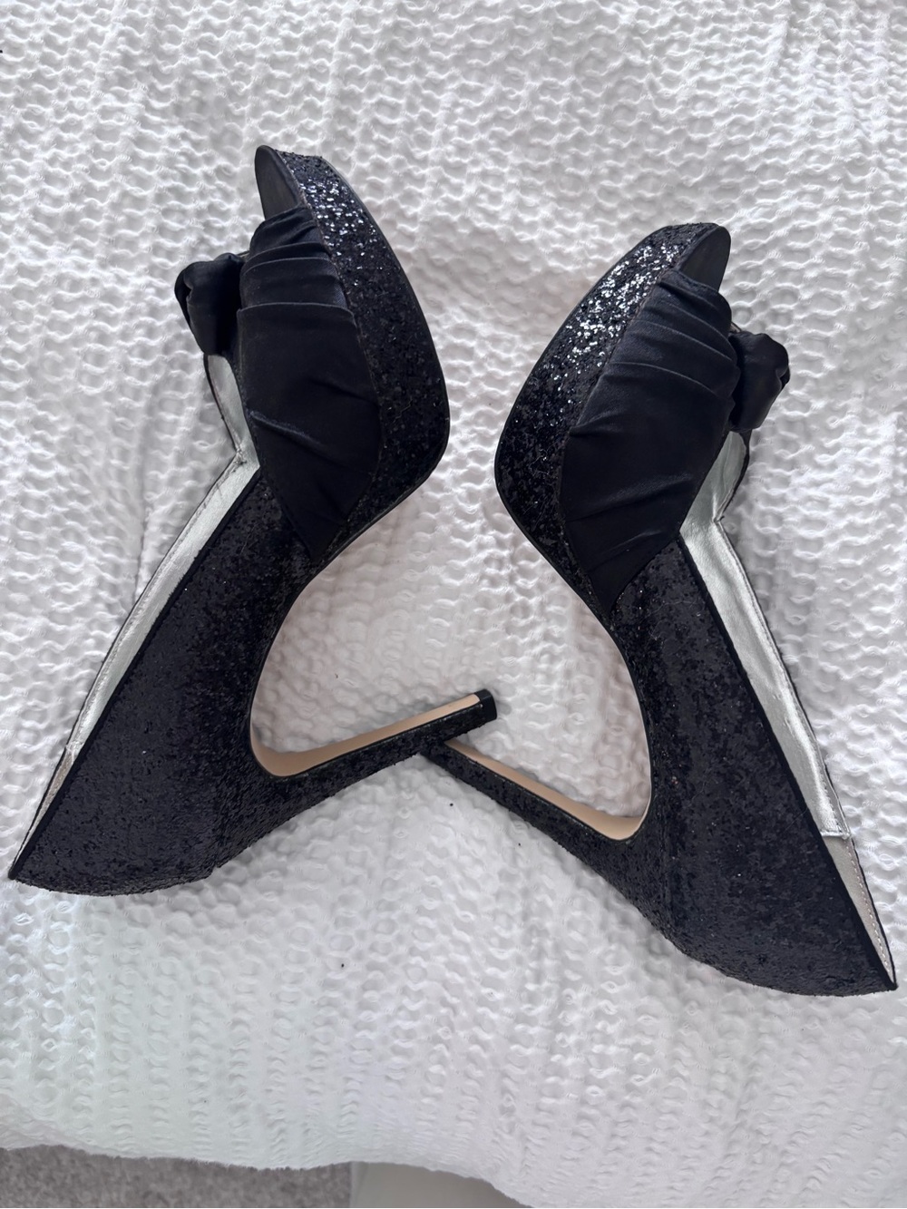 Women’s Black Glitter Peep-Toe Platform Heels with Bow